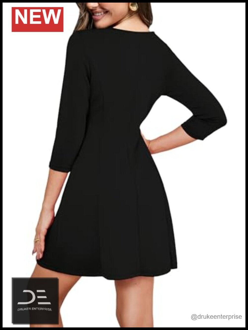 Women A-Line Boat Neck Mini Dress 3/4 Sleeve Soft Stretchy - Picture 3 of 5
